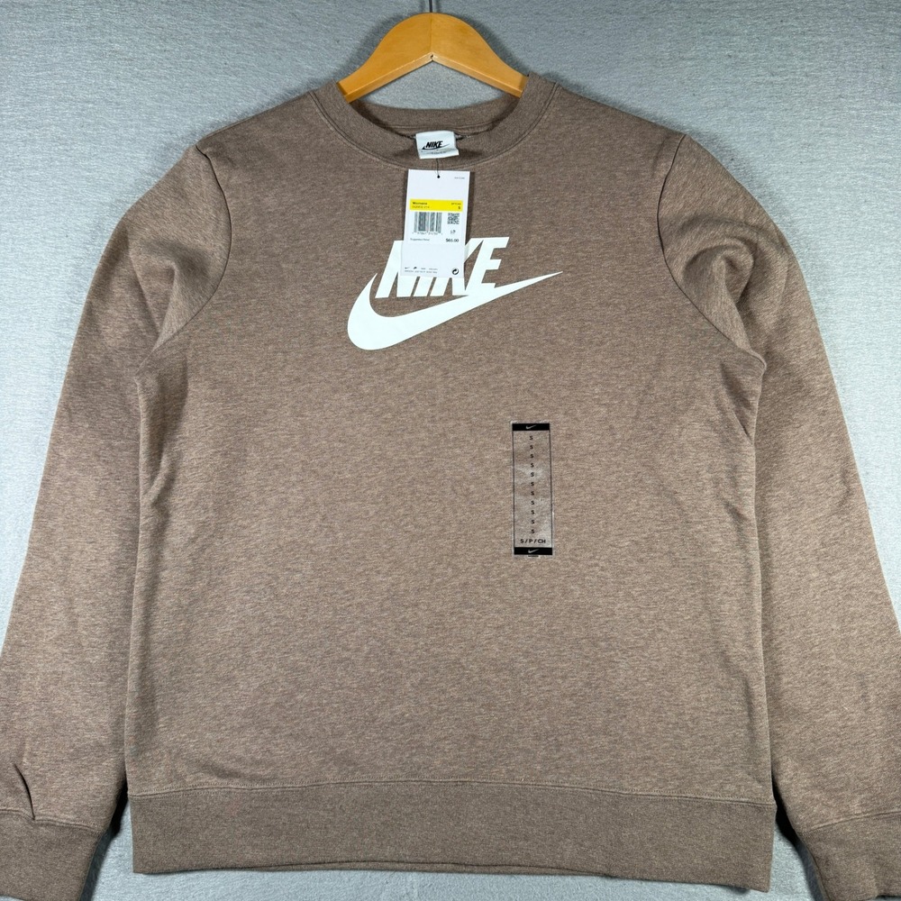 Nike Womens Fleece Crewneck Sweatshirt Brown‎ Logo Pullover DQ5832-214 Small NWT